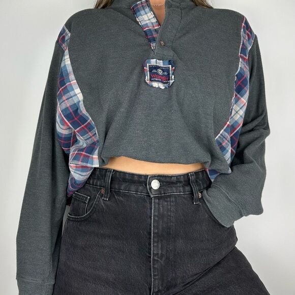 Wrangler Henley Long Sleeve Flannel Western County Relaxed Oversize Shirt Top - Picture 1 of 4